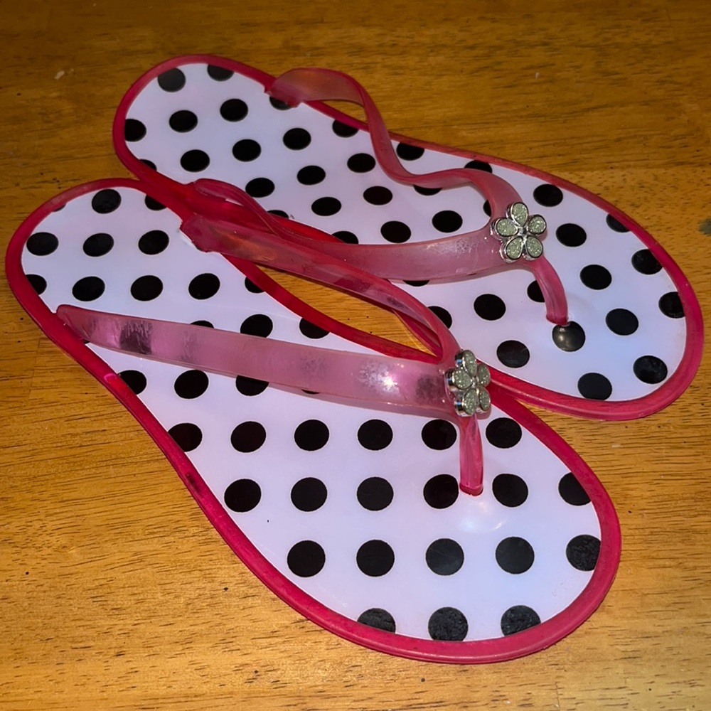 Girls Flip Flops size 1-2 Pink with black and white and gem accents